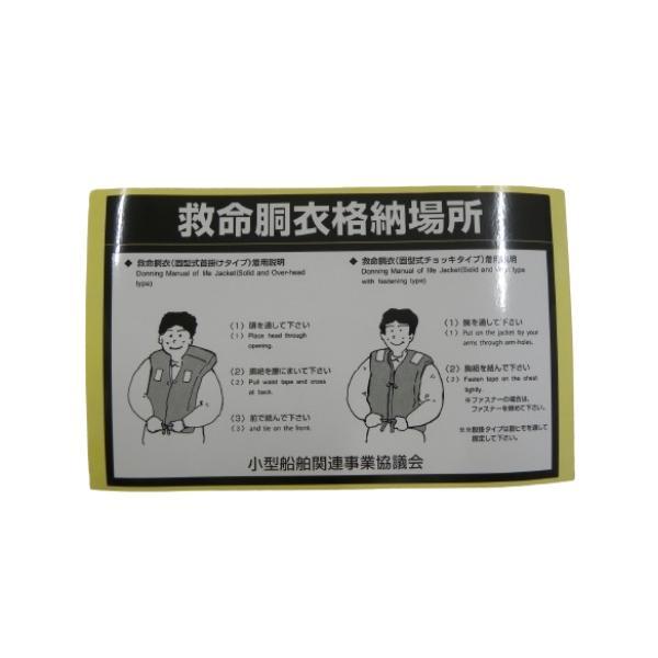 このステッカーは、救命胴衣の格納場所、及び使用方法を表示したものです。船舶検査時（定期、中間等）には、船体への明示が必要となります。