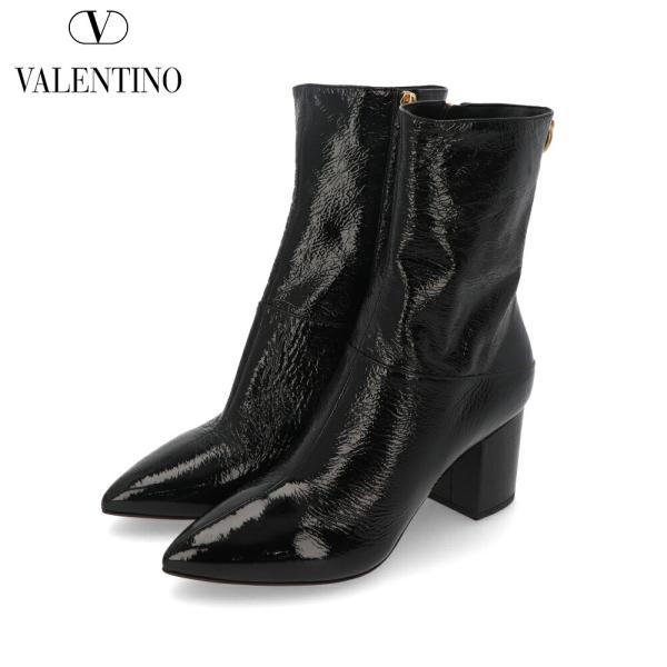 バレンティノエナメル黒 光沢 ジッパーショートブーツ
