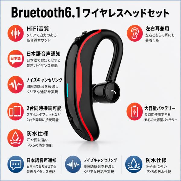 ワイヤレスヘッドセット Bluetooth6.1 耳掛け型　片耳　左右耳兼用　日本語音声通知　長時間待機　2台同時接続可