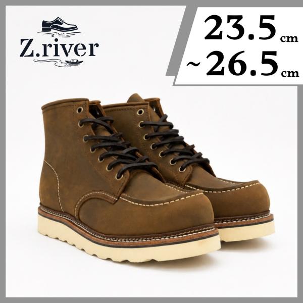Z.river モックトゥ ワークブーツ メンズ 本革 クレイジーホース ブラウン グッドイヤーウェルト製法 経年変化 アメカジ レザーブーツ 軽量 革靴