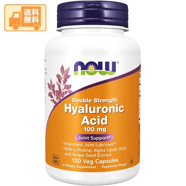 ナウフーズ社 ヒアルロン酸  100mg 120カプセル入りです。ヒアルロン酸以外にもにブドウ種子エキス、L-プロリン、アルファリポ酸などがを配合された製品です。使用方法：健康補助食品として、1日1-2カプセル程度を目安にお飲みになられるこ...