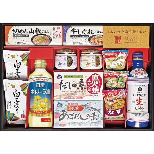 ごはんのお供やおかずとして大活躍の人気アイテムを揃えたもらって嬉しいギフトです。■商品内容●キッコーマンしぼりたて生しょうゆ450ml、キッコーマン混ぜごはんの素牛しぐれ(37g×2)、キッコーマン混ぜごはんの素ちりめん山椒(27g×2)、...