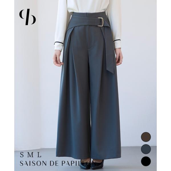 ボトムス パンツ レディース ワイドパンツ スラックス ダブルタック 飾りベルト ワイドシルエット ハイウエスト バックウエストゴム フロントタック