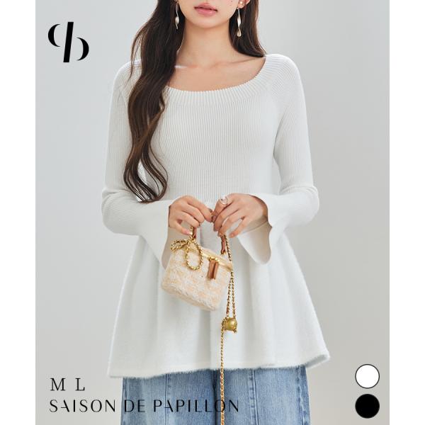 ニット レディーストップス ペプラムニット ペプラム スポンディッシュ やや厚手 温かい ボートネック リブ編み ベルシェイプカフス ストレッチ 体型