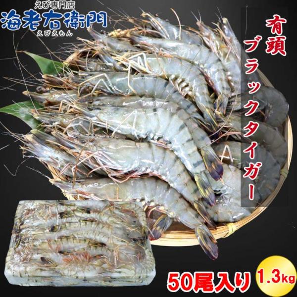 有頭 ブラックタイガー海老 50尾入り 1.3kg　長さ約14-15cm 1尾約26g 冷凍えび スリランカ バーベキュー エビフライ 塩焼き 天ぷら 業務用
