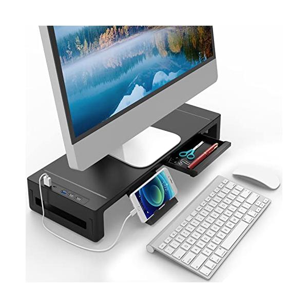 黒-USB付き/-/-・Color:黒-USB付き・3つのUSBポートと2つの充電ポート：EAYHMモニター台には、1つのUSB3.0ポートと2つのUSB2.0ポートがあります。 USBケーブル（贈り品）をパソコンに接続すると、ハブの拡張機...