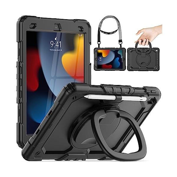 Timecity iPad 第9/ 8/ 7世代 ケース 耐衝撃 リングハンドル 保護フィルム 360回転スタンド ショルダーストラップ ペン収