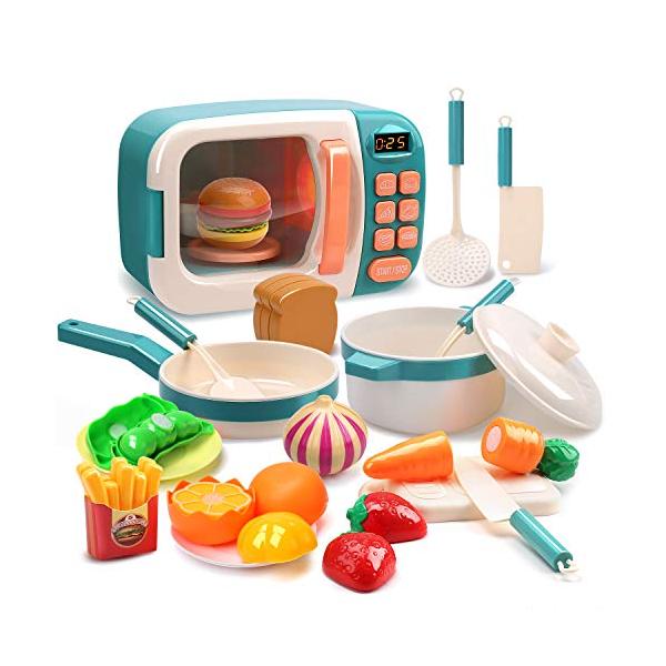 可愛いユニセックス・マルチカラー 26*24*14cm CS603001・【おままごと レンジセット】リアルなマイクロ機能をシミュレートし、食材も切ることができ、ごっこ遊びにより勉強しましょう！セット内容：本体*1 お鍋*1 フライパン*1...