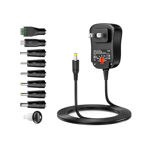 「AＣ-ＤＣ充電器」AC入力：100-240V 50 / 60Hz、出力：3V 4.5V 5V 6V 7.5V 9V 12V、1A 12W最大。ＤＣ長さ：1.5m。・「9個ＤＣコネクター」本体外径5.5mm(内径2.1mm) 、8個ＤＣコネ...