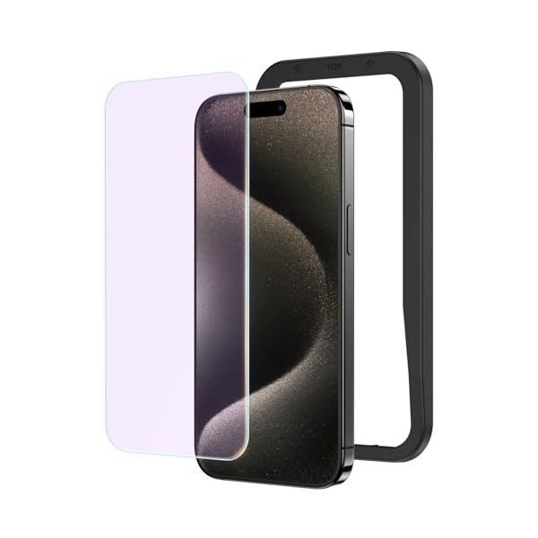 NIMASO ブルーライトカット iPhone15Pro用 ガラスフィルム 目の疲れ軽減 強化ガラス 保護フィルム 貼付け簡単 ガイド枠付き 1