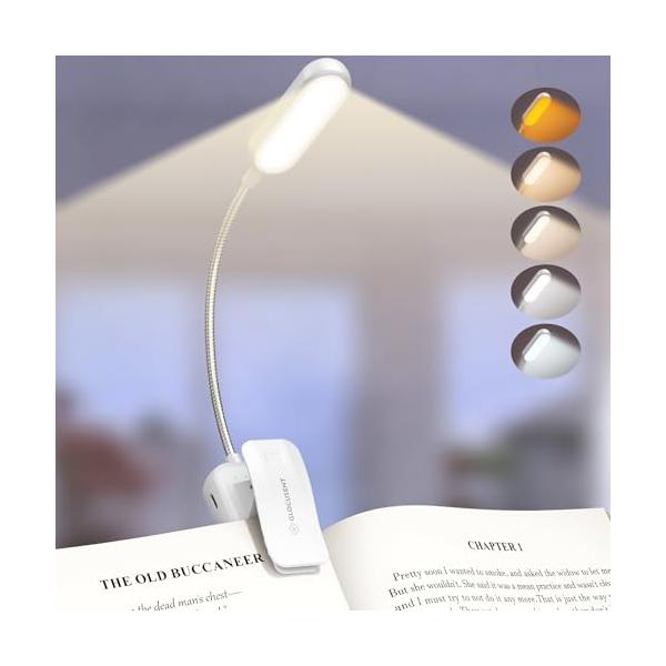 Glocusent 読書灯 ブックライト 読書ライト クリップ式 20LED 目に優しい 3?100LM 5色調 1200mAhバッテリー ステ