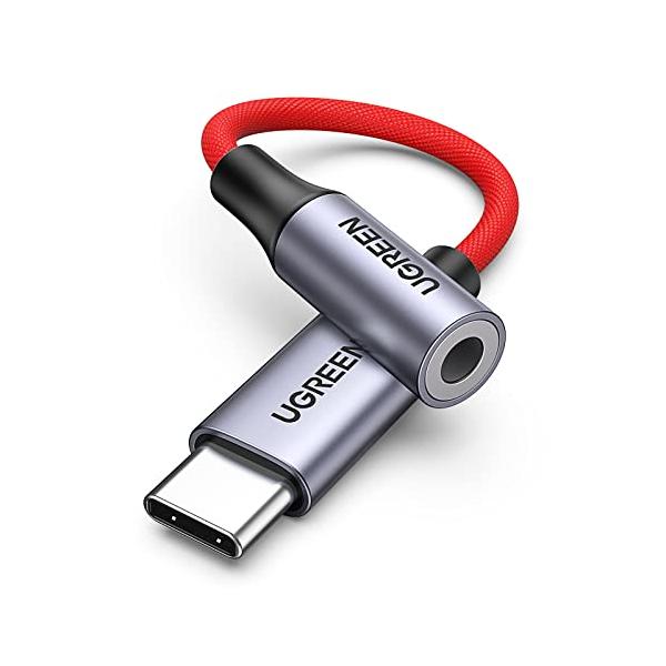 UGREEN USB C to 3.5mm イヤホン変換アダプター 24bit/96KHz TRRS/4極 シルバー/赤の織り