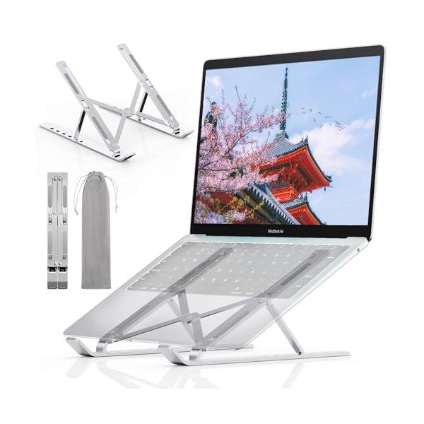 折りたたみシルバー/-/Z11・Color:シルバー・【人間工学設計＆6段階高さ調節可能】ノートパソコンスタンドは人間工学デザインにより、視線が高くなり適正な姿勢に、肩や腰や首など負担を軽減してくれて、猫背などを有効に防止できます。長時間の...