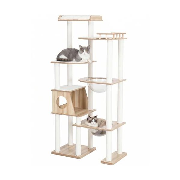 キャットタワー 木製 据え置き 大型猫＆多頭飼い対応 透明ボウル付き
