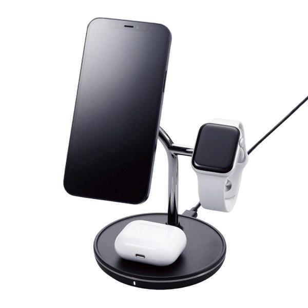 エレコム ワイヤレス充電器 マグネット内蔵 7.5W+5W スタンドタイプ Apple Watch認証モジュール内蔵 MfA認証 ブラック