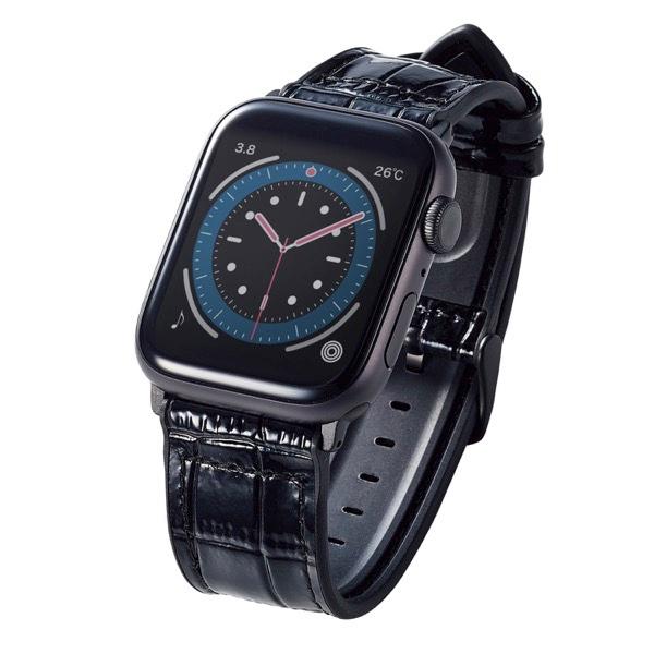 エレコム ELECOM Apple Watch 49 / 45 / 44 / 42mm バンド ハイブリッドレザー クロコブラック AW-45BDLHVCRB
