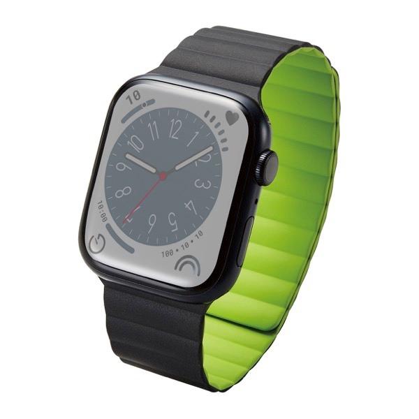 エレコム ELECOM Apple Watch 49 / 45 / 44 / 42mm バンド マグネット シリコン ブラックxグリーン AW-45BDMAGBK2