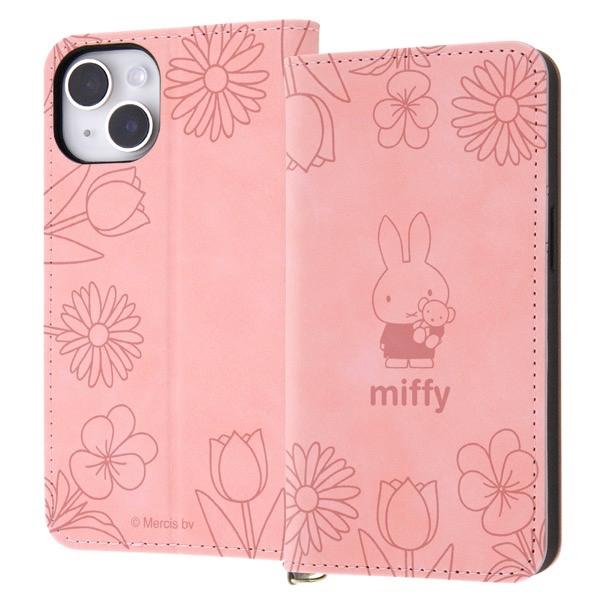 ingrem iPhone 14 / 13 ミッフィー 耐衝撃 手帳型レザーケース Raffine ミッフィー_ピンクフラワー