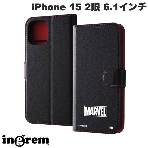 ingrem イングレム iPhone 15 マーベル 手帳型レザーケース シンプル マグネット マーベルロゴ_3 IJ-DMP41ELC1BR/MV5