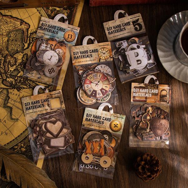 コラージュ 素材 デザイン ペーパー ボタン タグ 金具 数字 時計 歯車