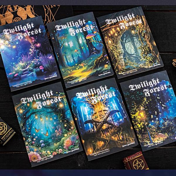 ST943 幻想の森 夜景 きのこ 花 灯り 月 蝶 木漏れ日 コラージュ素材 コラージュ シール ステッカー 紙もの 手帳 日記 海外 紙モノ 紙物
