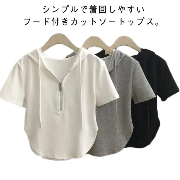ジップアップ パーカー 半袖 レディース tシャツ ジップパーカー 薄手 おしゃれ 半袖tシャツ フード付きtシャツ 半袖カットソー ショート丈 羽織