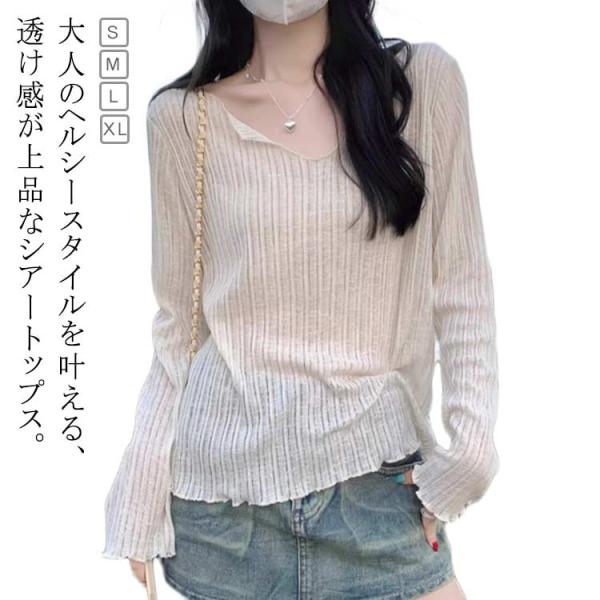 シア―トップス 長袖 Vネック フリル シースルー レディース ロンT