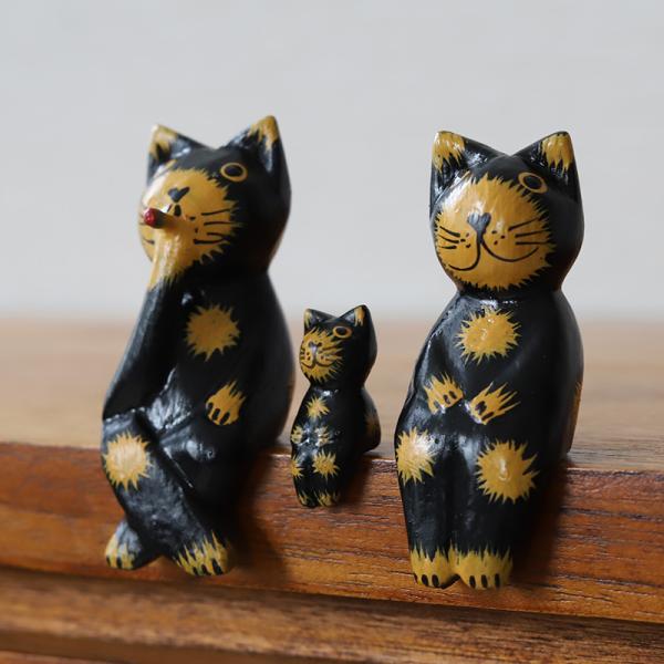 バリネコ親子3匹セット 天然木 職人手作り 木工細工 置物 約80mm