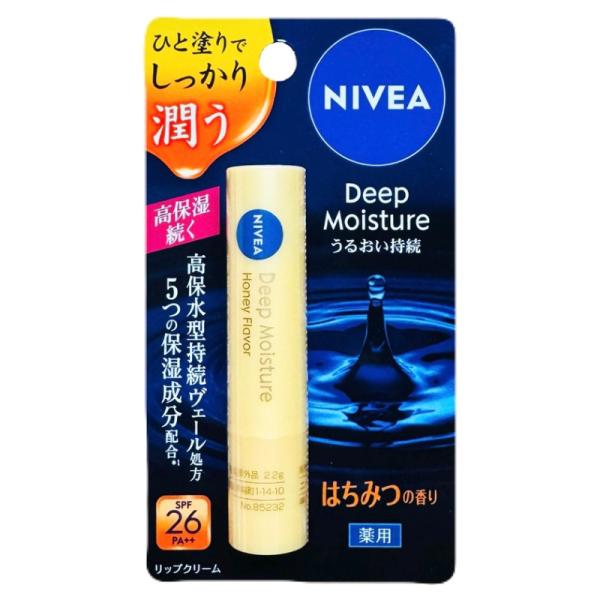 ニベア ディープモイスチャーリップ はちみつの香り 2.2g  花王　SPF20　PA++「保水持続ヴェール＊」が唇に広がり、ひと塗りでしっかり潤う高保湿リップクリーム。●3つの保湿成分（アミノ酸系保水成分・はちみつ・ローヤルゼリーエキス）...