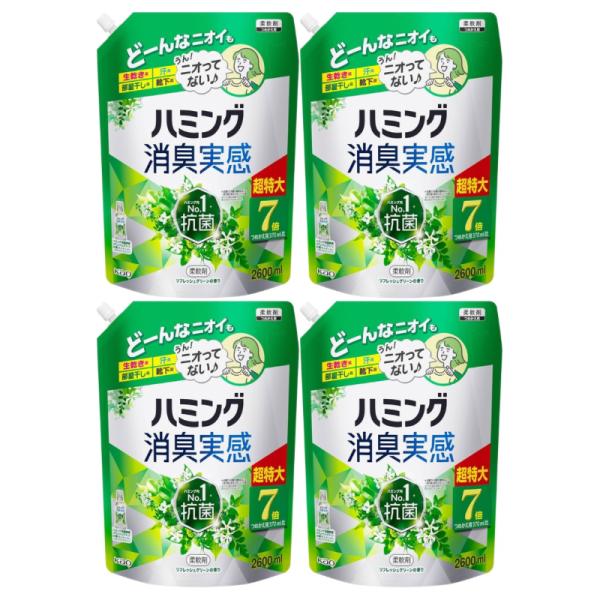 ハミング消臭実感 リフレッシュグリーン 詰替え用 2600ml 柔軟剤 大容量 つめかえ　詰め替えつめこみ洗いも、部屋干しも、無敵消臭！　●ハミング内Ｎｏ．１抗菌＊１　＊１抗菌できる菌が複数あること。一部の菌は数回の洗たく。すべての菌の増殖...