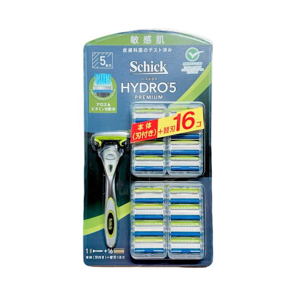 シック 5枚刃 ハイドロ5 プレミアム 敏感肌用 本体+替刃16P Schick「男の肌に極めた剃り味」ハイドロ5ブランドのプレミアムライン「ハイドロ5プレミアム敏感肌用」です。スキンガード付５枚刃で、肌の動きをコントロールし、刃と刃の間に...