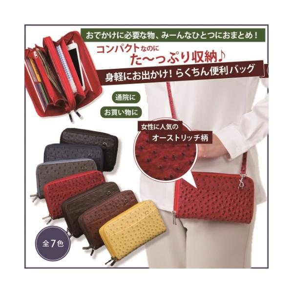 残り1個 オーストリッチ型押し便利ミニバッグ ショルダー付 ダークブラウン コンパクト 収納 女性 人気 会計 買物 通院 革 2way オーストリッチ Eclea 爆売 爆買