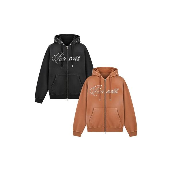 BREATH ブレス パーカー S,M ブラック/黒 ブラウン/茶 ヴィンテージ加工 ストーン ストリートファッション RHINESTONE ZIP HOODIE -2.COLOR-