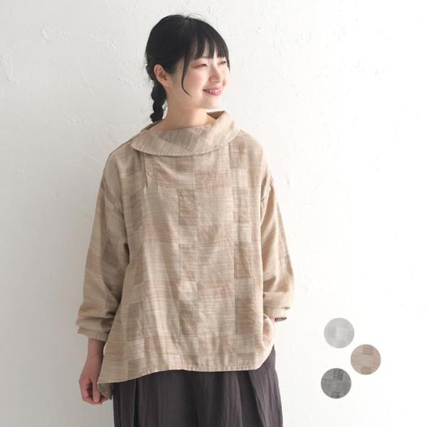 ブラウス シャツ 長袖 レディース コットンダブルガーゼ アシメ衿シャドーチェック 綿100％ 24AW0904,