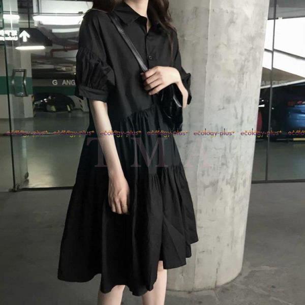 シャツワンピース レディース 40代 キレイめ 黒フレアスカー 膝丈ワンピース 半袖ワンピース 春夏 代引不可