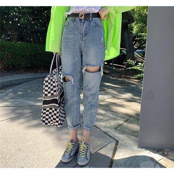ダメージジーンズレディースデニムワイドクラッシュ9分丈ボーイフレンドデニム体型カバーパンツ穴開き美脚人気クロップド春夏秋 Qh Ecology Plus 通販 Yahoo ショッピング