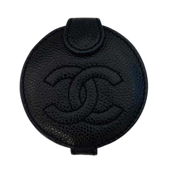 CHANEL 黒 レザー 円形ミラー【正規品】 CHANEL シャネル 両面コンパクトミラー美容器具 鏡 サークル型 ココ