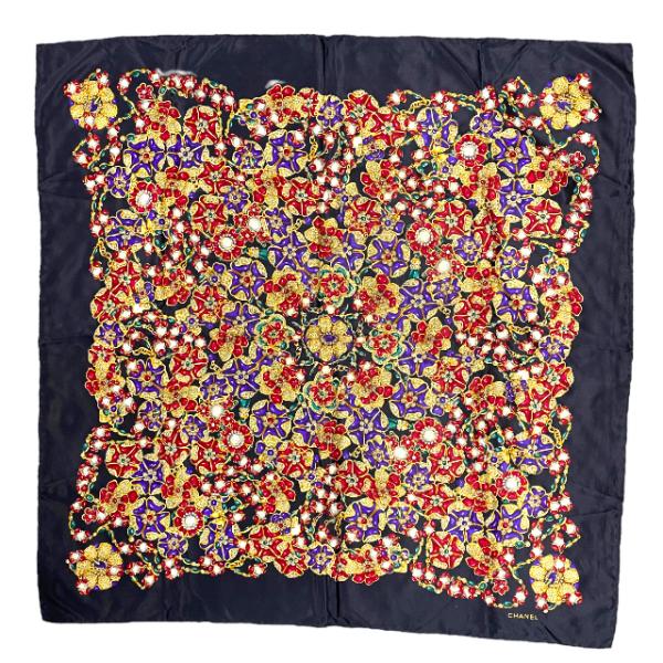 CHANEL シャネル スカーフ ジュエリー柄 宝石柄 ロゴ シルク ブラック  