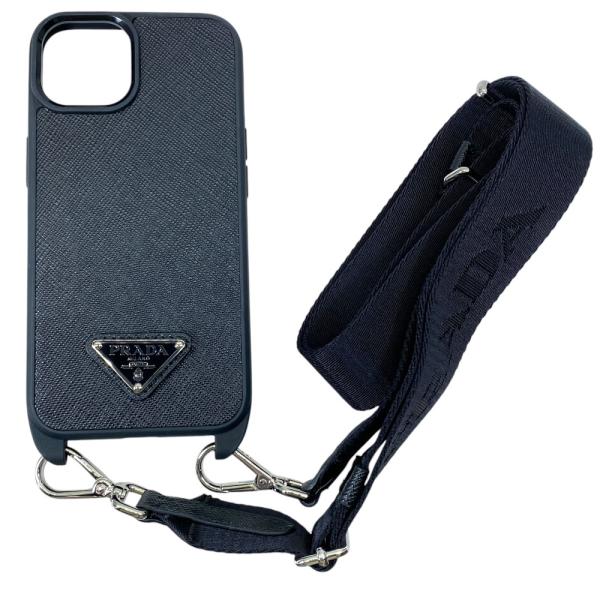 美品 PRADA プラダ ショルダーストラップ付き iPhone14ケース スマホケース 三角ロゴプレート 1ZH172 サフィアーノ  ブラック
