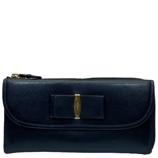 美品 フェラガモ 長財布 L字ファスナー サフィアーノ ヴァラリボン レザー 黒 Salvatore Ferragamo サルヴァトーレフェラガモ ヴァラ L字