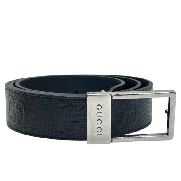 GUCCI グッチ 722370 スクエアバックル ベルト GG柄 レザー/メタル ブラック/シルバー (サイズ95)