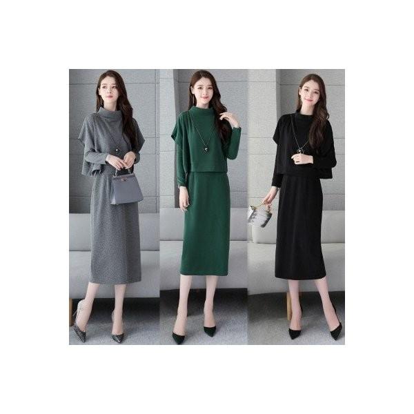 セットアップ レディース 2点セット アウター プルオーバー ニット ワンピース 無地 長袖 重ね着 ラウンドネック ロング丈 膝下 ペンシルスカー Ec Ecshop 通販 Yahoo ショッピング