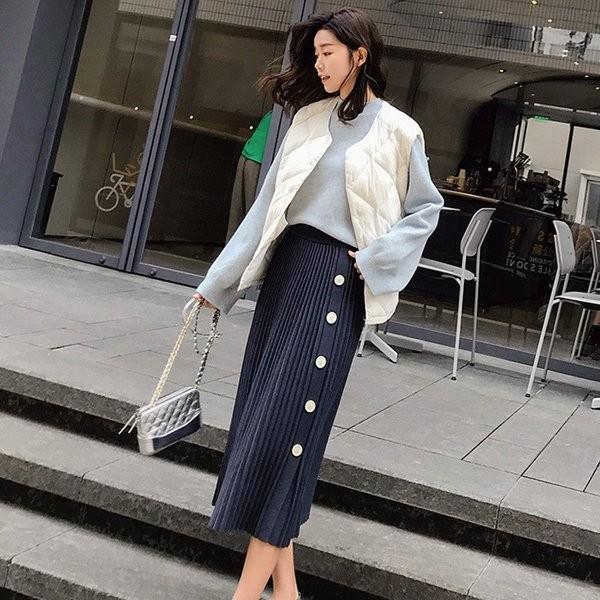 スカート レディース ニットスカート プリーツスカート 膝丈 Aライン 無地 ハイウエストスカート 女性 大人 シンプル ボタン ボトムス オシャレ Ec Ecshop 通販 Yahoo ショッピング