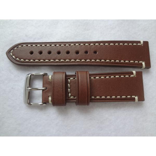 腕時計バンド 22mm 茶 レザーベルト 茶色 ブラウン/白ステッチ カーフ