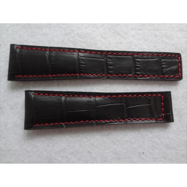 Tag Heuer ブラックレザーベルト Tag Heuer Carrer CAV518 等用 22mm レザーベルト 黒/赤ステッチ 裏地
