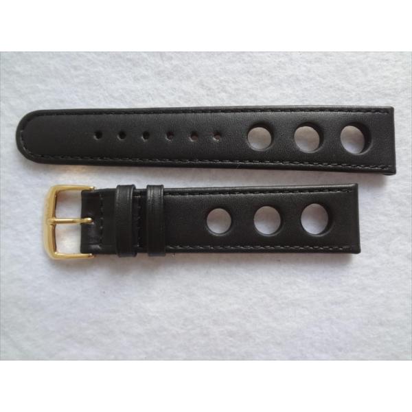 腕時計レザーベルト 20mm 黒色 黒 ブラック Racingスタイル rallye 穴