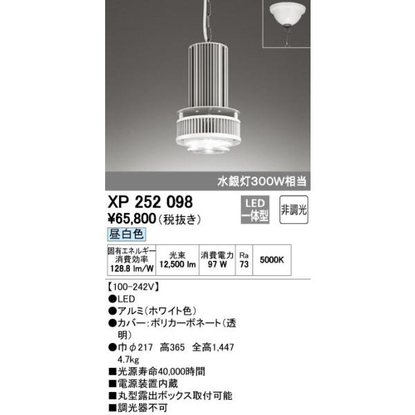 オーデリック ODELIC XP252098 LEDペンダント 高天井用照明 昼白色 電源内蔵型ペンダントタイプ非調光
