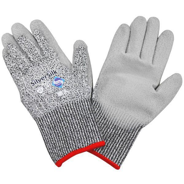 天寿刃物本舗 #267_S あんたが職人 耐切創PU背抜き手袋 シルバーシルク S