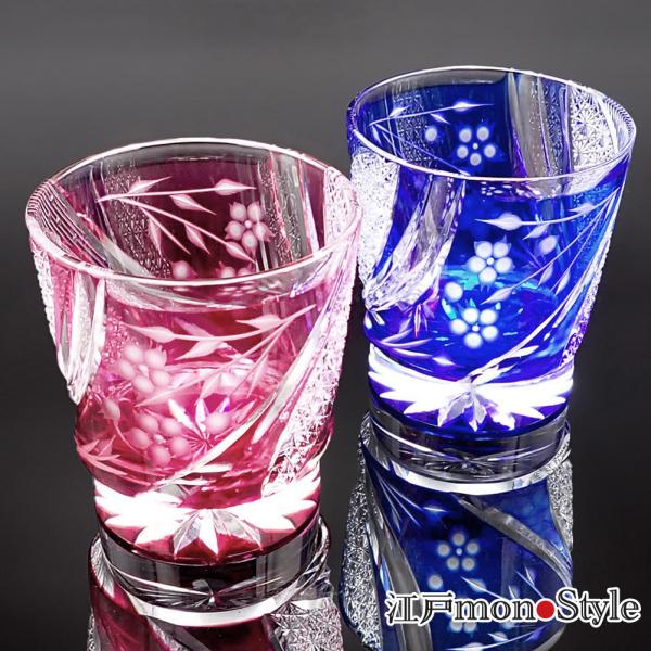 江戸切子 クリスタル グラス しだれ桜 木箱入り 金赤 瑠璃 ２色から選べる