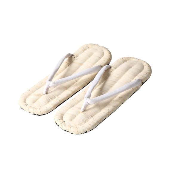 「商品情報」江戸てんが販売する雪駄、鼻緒の色が白、唐黍草履、手編み、手縫い、お神輿を担ぐ方の定番雪駄。  本物のタイヤを使用しておりますのでタイヤの匂いがします。   サイズ：M　長さ約24cm×幅約8.5cm×厚さ(前1cm、後2cm) ...